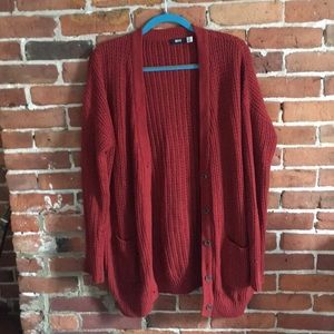 Long red knit cardigan